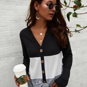 LAST DAY Grey Colorblock Waffle knit button down Henley Knotted Long Sleeve Top